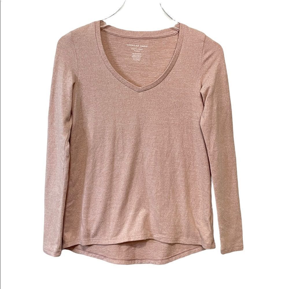 American Eagle Soft & Sexy Plush Long Sleeve V Neck Shirt Pink XS